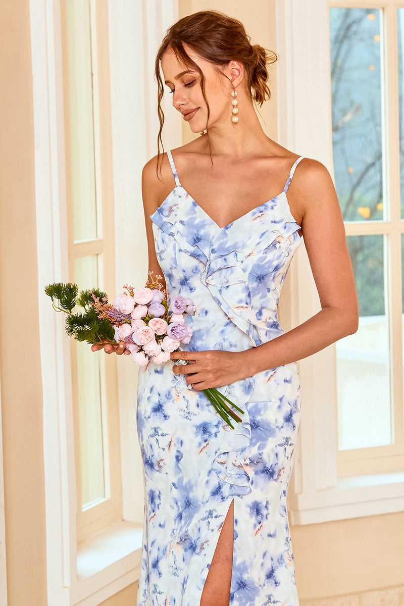 Load image into Gallery viewer, Sheath Spaghetti Straps Blue Floral Print Long Bridesmaid Dress with Split Front