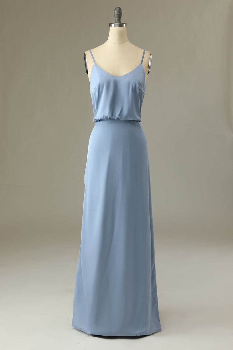 Load image into Gallery viewer, Spaghetti Straps Grey Blue Long Bridesmaid Dress