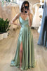 Load image into Gallery viewer, A Line Spaghetti Straps Light Green Long Prom Dress with Silt