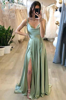 Load image into Gallery viewer, A Line Spaghetti Straps Light Green Long Prom Dress with Silt