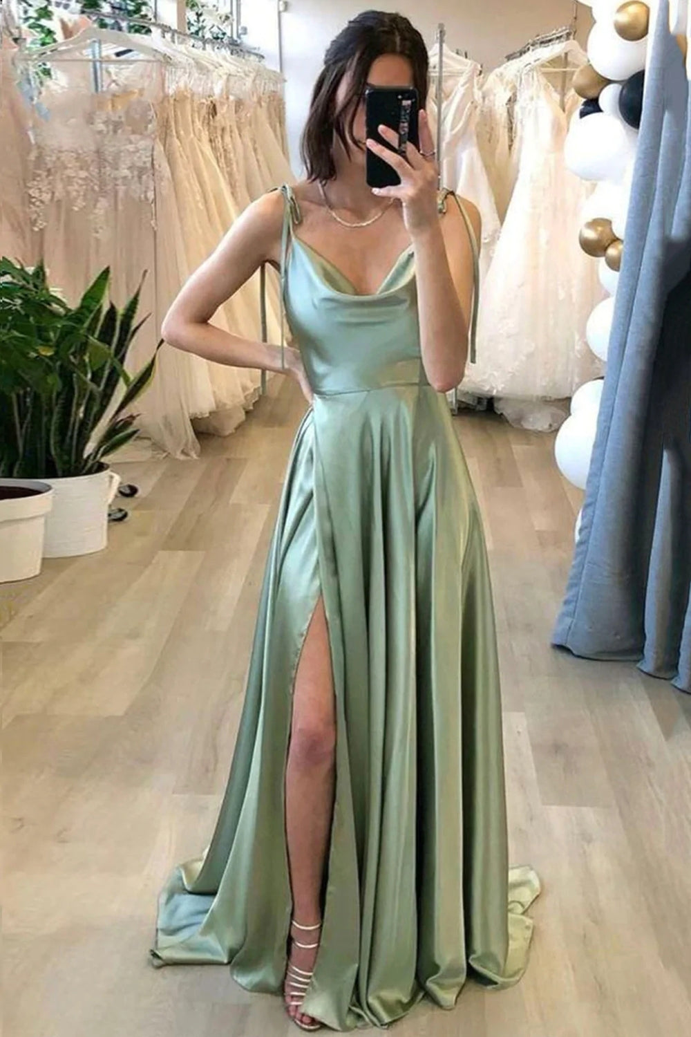 A Line Spaghetti Straps Light Green Long Prom Dress with Silt