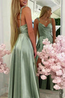 Load image into Gallery viewer, A Line Spaghetti Straps Light Green Long Prom Dress with Silt