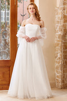 Load image into Gallery viewer, A Line Off the Shoulder White Wedding Dress with Long Sleeves