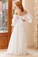 Load image into Gallery viewer, A Line Off the Shoulder White Wedding Dress with Long Sleeves