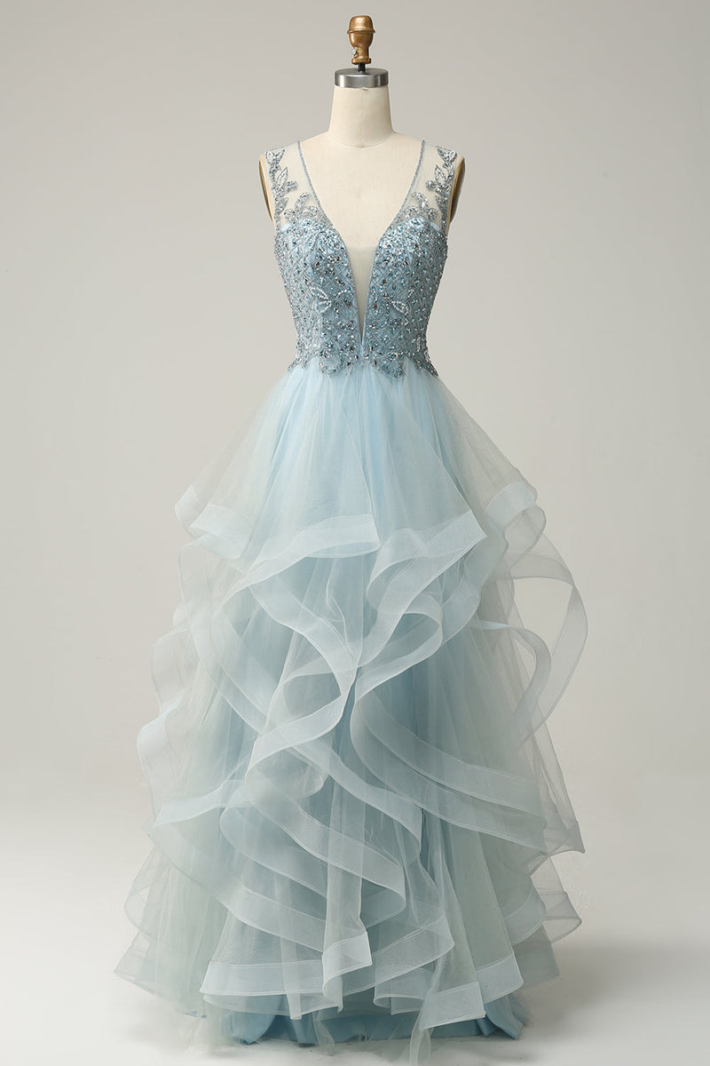 Load image into Gallery viewer, A-Line Deep V Neck Light Blue Long Prom Dress with Appliques