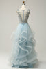 Load image into Gallery viewer, A-Line Deep V Neck Light Blue Long Prom Dress with Appliques