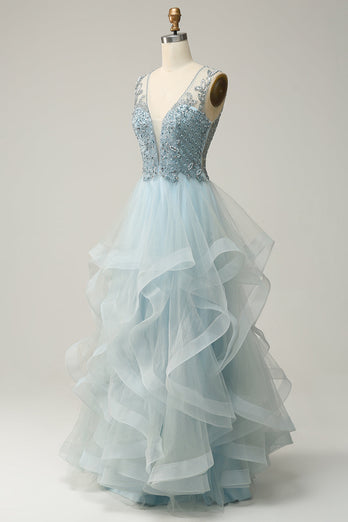 A-Line Deep V Neck Light Blue Long Prom Dress with Appliques