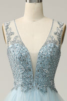 Load image into Gallery viewer, A-Line Deep V Neck Light Blue Long Prom Dress with Appliques