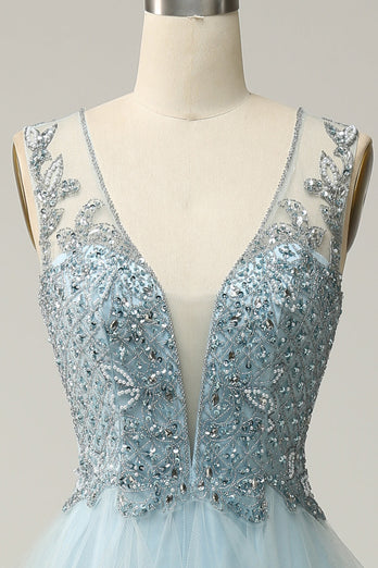 A-Line Deep V Neck Light Blue Long Prom Dress with Appliques