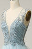 Load image into Gallery viewer, A-Line Deep V Neck Light Blue Long Prom Dress with Appliques