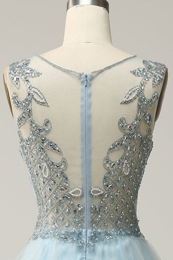A-Line Deep V Neck Light Blue Long Prom Dress with Appliques