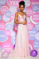 Load image into Gallery viewer, Sparkly A-Line Pink Spaghetti Straps Long Prom Dress