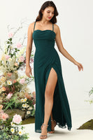 Load image into Gallery viewer, Dark Green Spaghetti Straps Wedding Guest Dress with Slit