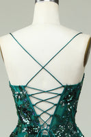 Load image into Gallery viewer, A Line Spaghetti Straps Dark Green Corset Prom Dress with Appliques