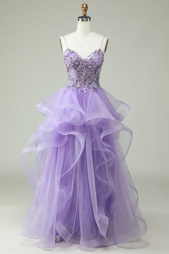 A Line Spaghetti Straps Purple Long Prom Dress with Appliques