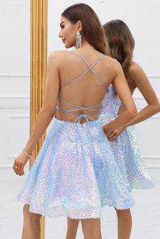Sparkly Light Blue A-Line Sequins Short Prom Dress