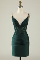 Load image into Gallery viewer, Sheath Spaghetti Straps Dark Green Homecoming Dress with Beading