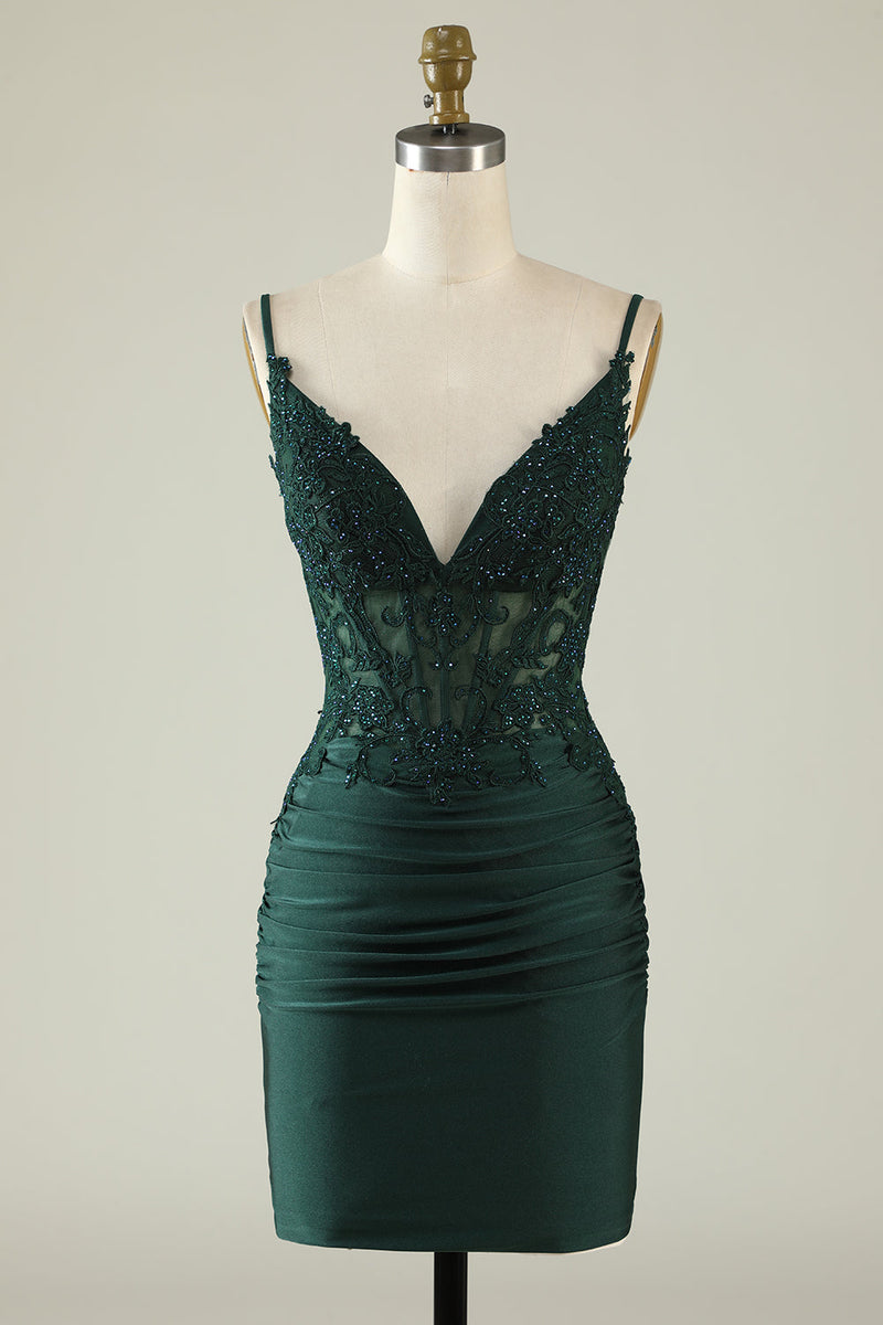 Load image into Gallery viewer, Bodycon Spaghetti Straps Royal Blue Short Prom Dress with Beading