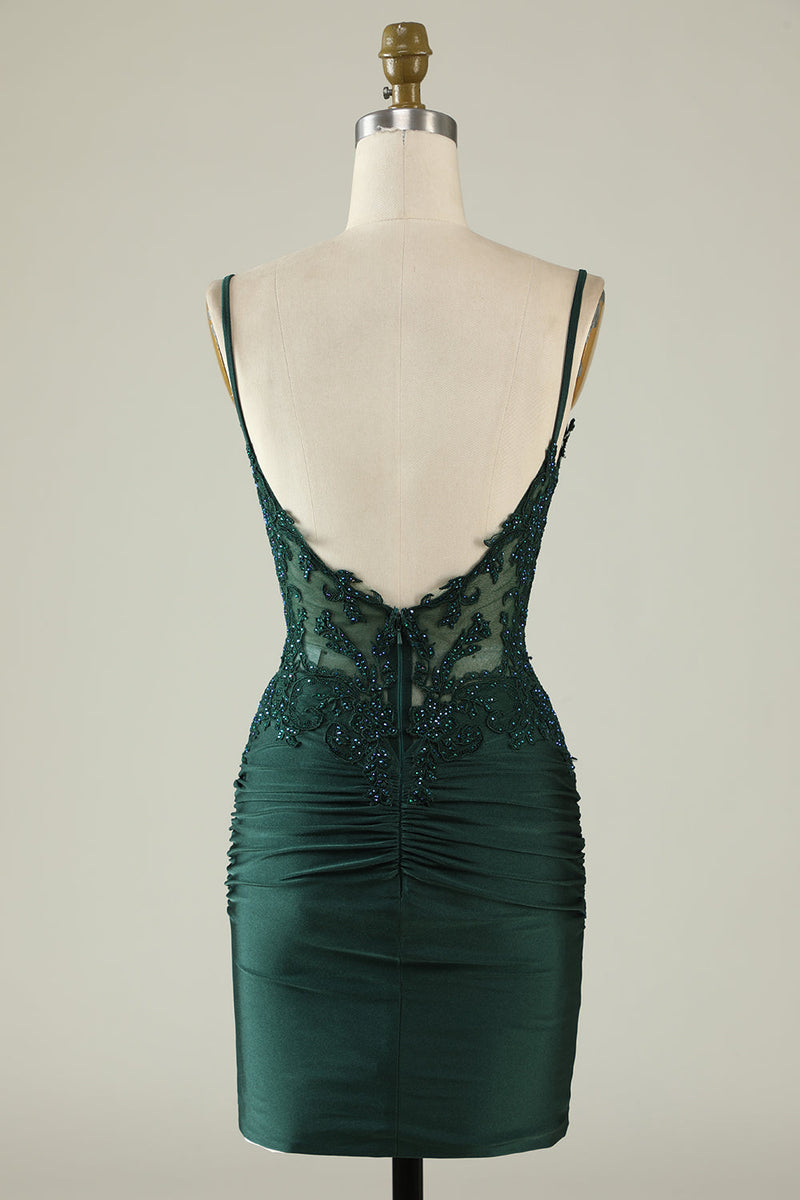 Load image into Gallery viewer, Sheath Spaghetti Straps Dark Green Homecoming Dress with Beading