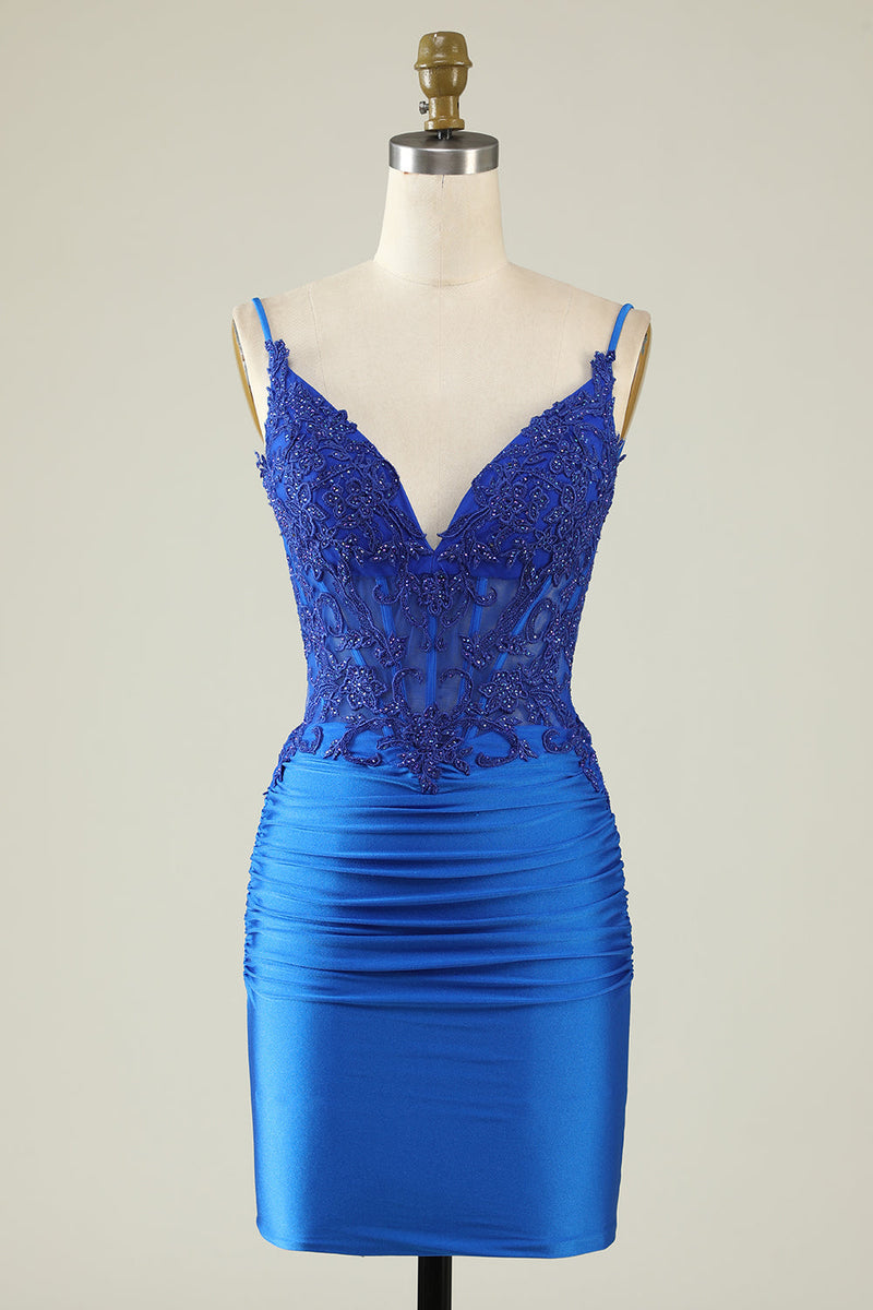 Load image into Gallery viewer, Sheath Spaghetti Straps Dark Green Homecoming Dress with Beading