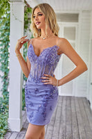 Load image into Gallery viewer, Sparkly Purple Corset Short Prom Dress with Appliques