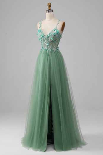Sparkly Green A-Line Spaghetti Straps Corset Prom Dress With Appliques