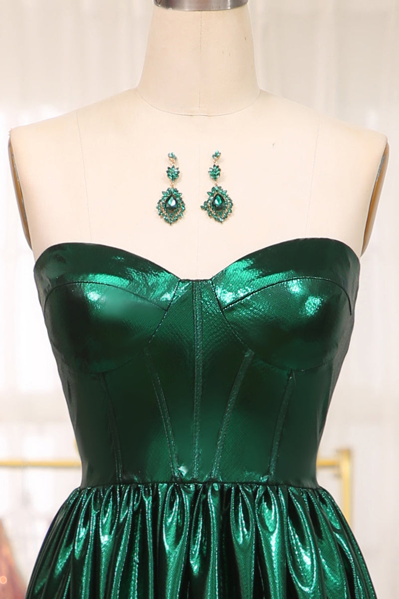 Load image into Gallery viewer, Sparkly Dark Green A Line Strapless Long Pleated Prom Dress