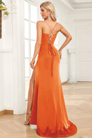 Load image into Gallery viewer, Fuchsia Mermaid Spaghetti Straps Satin Prom Dress with Split Front