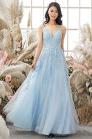 Load image into Gallery viewer, Women Blue Long Prom Dress with Appliques Tulle Spaghetti Straps Formal Dress