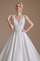 Load image into Gallery viewer, White A-Line V-Neck Wedding Dress with Lace