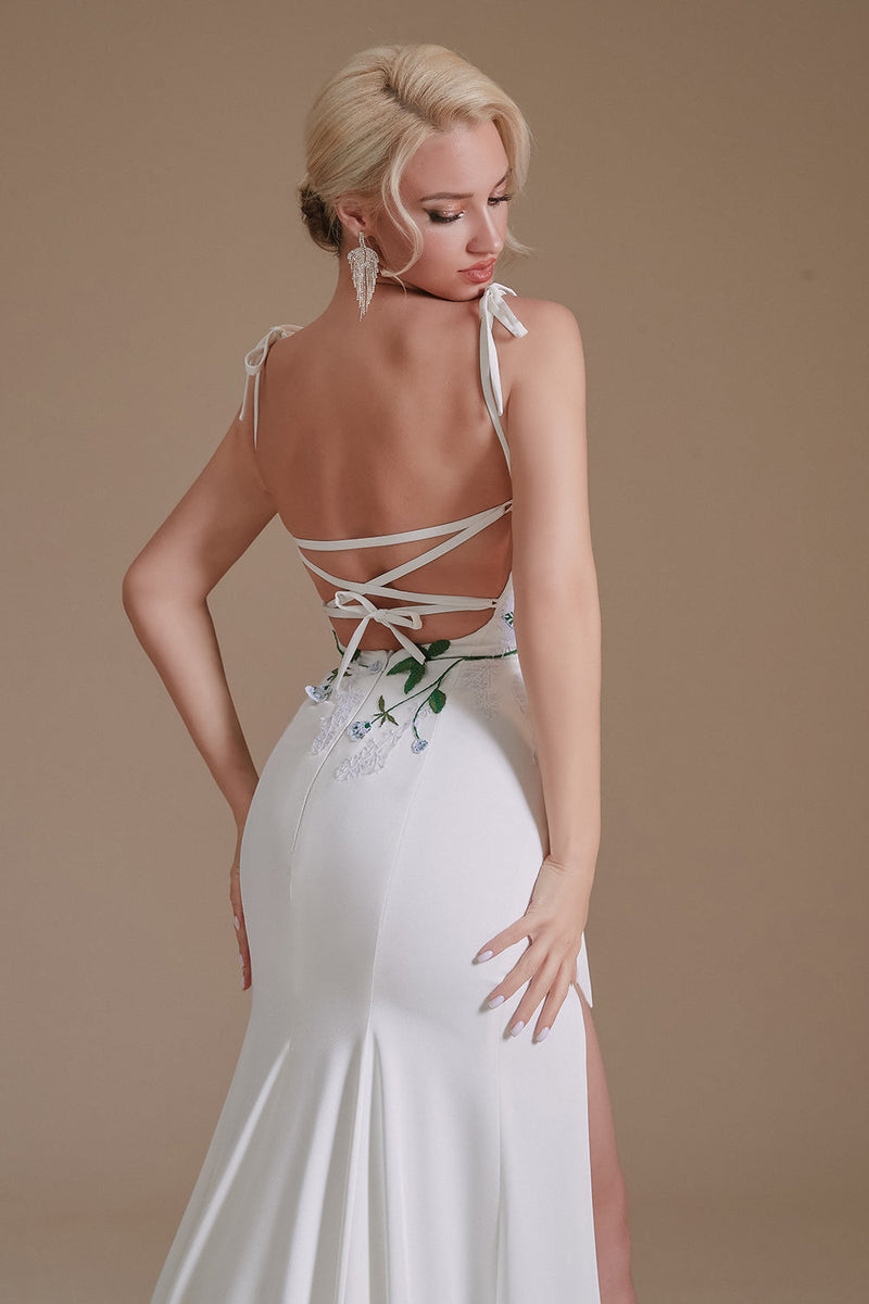 Load image into Gallery viewer, White Mermaid Backless Sweep Train Wedding Dress with Appliques