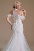 Load image into Gallery viewer, White Mermaid Halter Sweep Train Wedding Dress with Lace