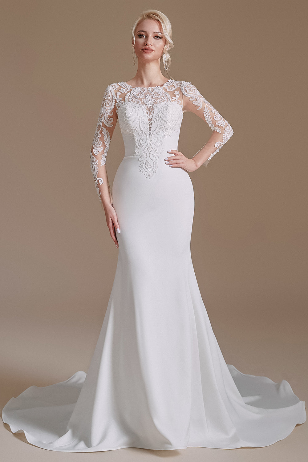 White Mermaid Long Sleeves Sweep Train Wedding Dress with Lace