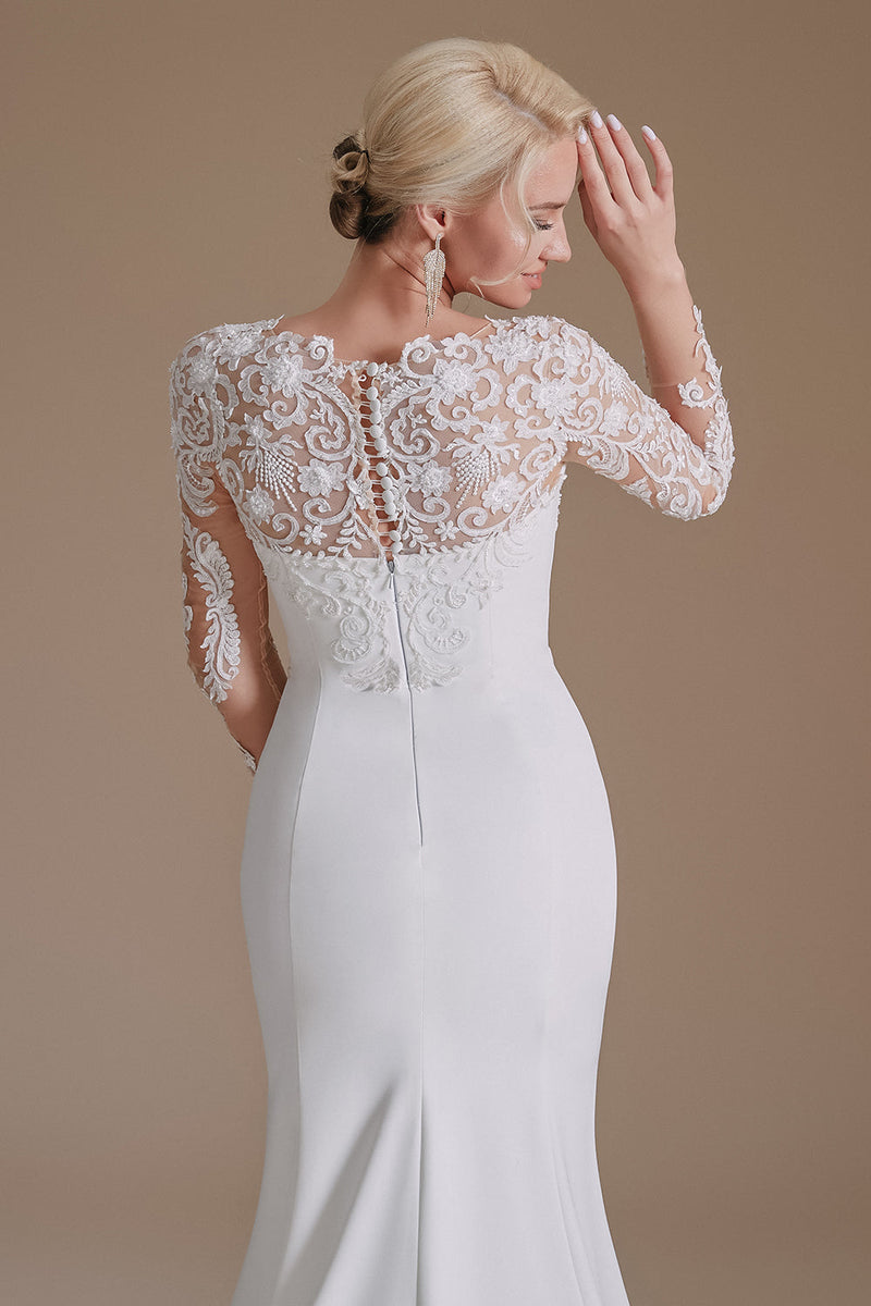 Load image into Gallery viewer, White Mermaid Long Sleeves Sweep Train Wedding Dress with Lace