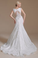 Load image into Gallery viewer, White Mermaid Cap Sleeves Bridal Dress with Lace