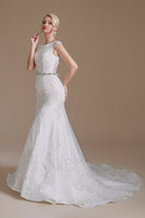 Load image into Gallery viewer, White Mermaid Cap Sleeves Bridal Dress with Lace