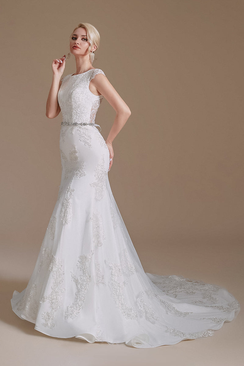 Load image into Gallery viewer, White Mermaid Cap Sleeves Bridal Dress with Lace