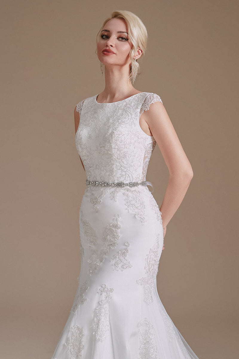 Load image into Gallery viewer, White Mermaid Cap Sleeves Bridal Dress with Lace