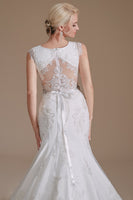 Load image into Gallery viewer, White Mermaid Cap Sleeves Bridal Dress with Lace