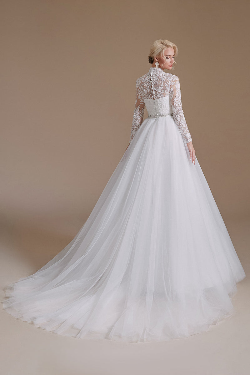 Load image into Gallery viewer, White A-Line High Neck Long Sleeves Wedding Dress with Lace