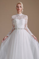 Load image into Gallery viewer, White A-Line High Neck Long Sleeves Wedding Dress with Lace