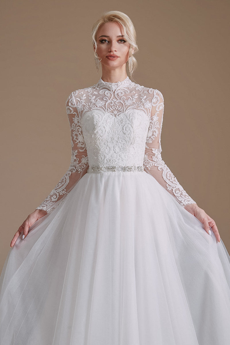 Load image into Gallery viewer, White A-Line High Neck Long Sleeves Wedding Dress with Lace