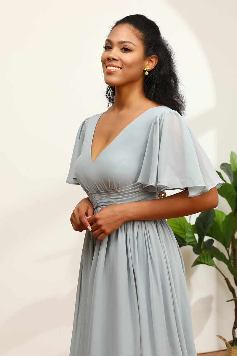 Load image into Gallery viewer, Grey V-Neck Chiffon A-Line Bridesmaid Dress