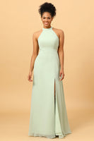 Load image into Gallery viewer, Dusty Sage Long Chiffon Bridesmaid Dress with Slit