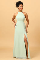 Load image into Gallery viewer, Dusty Sage Long Chiffon Bridesmaid Dress with Slit