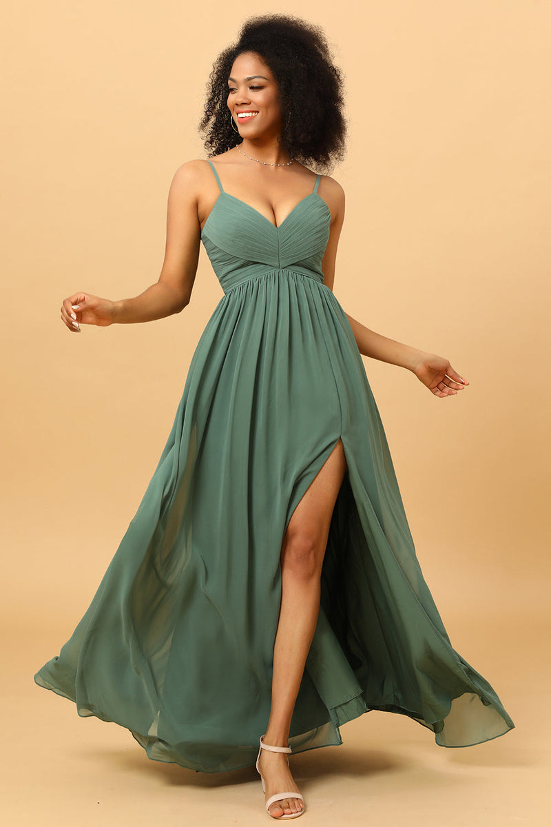 Load image into Gallery viewer, Eucalyptus A Line Spaghetti Straps Ruched Long Chiffon Bridesmaid Dress with Slit