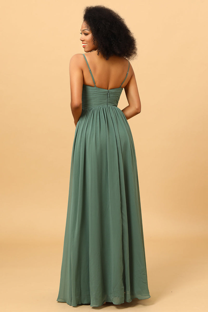 Load image into Gallery viewer, Eucalyptus A Line Spaghetti Straps Ruched Long Chiffon Bridesmaid Dress with Slit