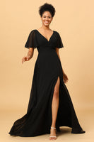 Load image into Gallery viewer, Black Batwing Sleeves Long Chiffon Bridesmaid Dress