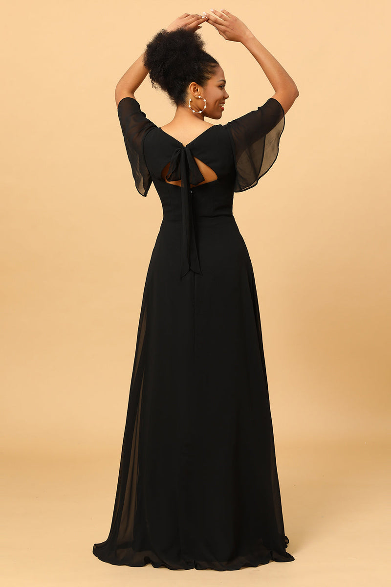 Load image into Gallery viewer, Black Batwing Sleeves Long Chiffon Bridesmaid Dress
