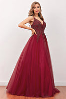 Load image into Gallery viewer, Burgundy Spaghetti Straps Long Prom Dress with Beading